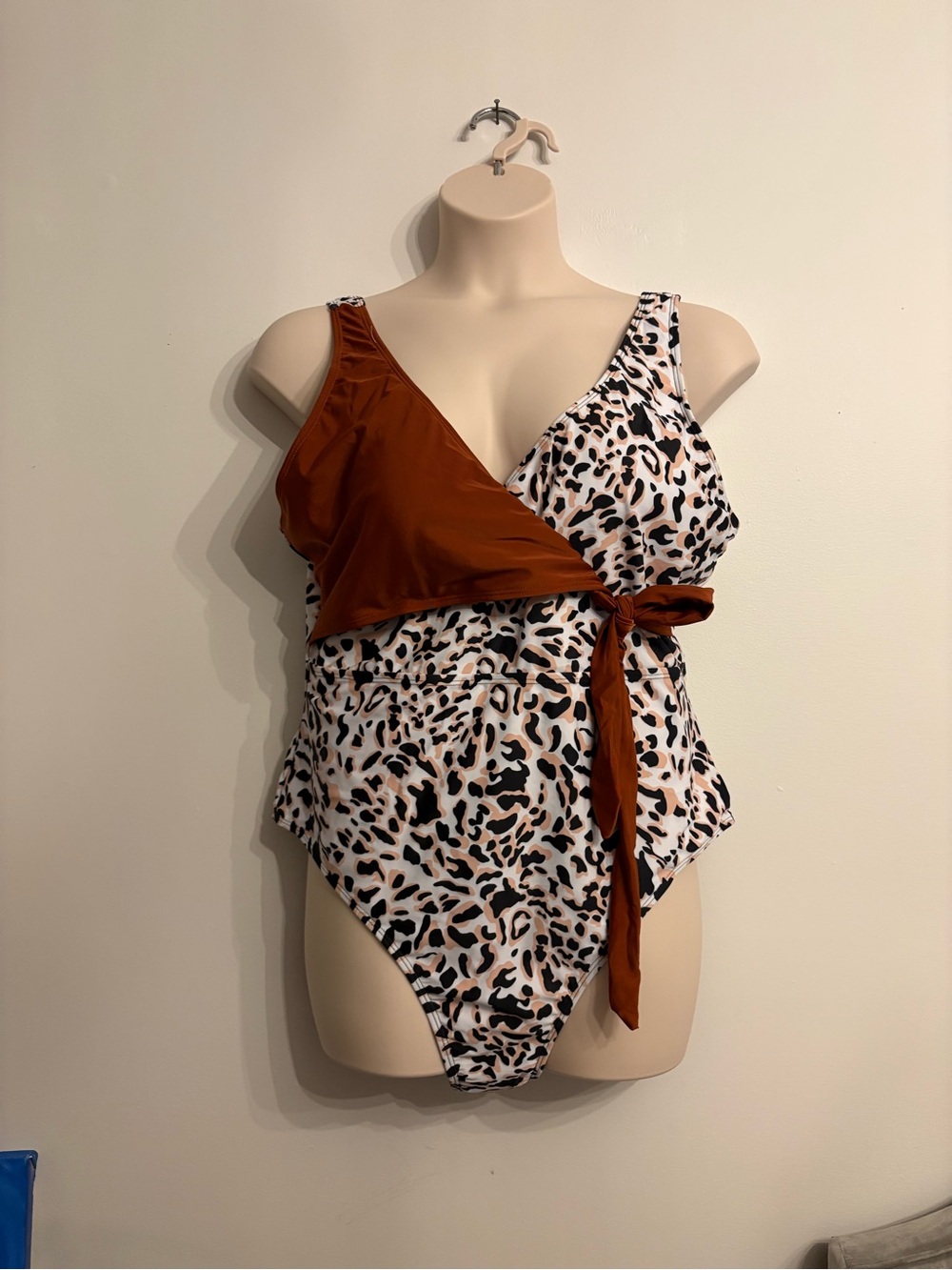 Plus size Leopard Print One-Piece Swimsuit with Rust Wrap Detail